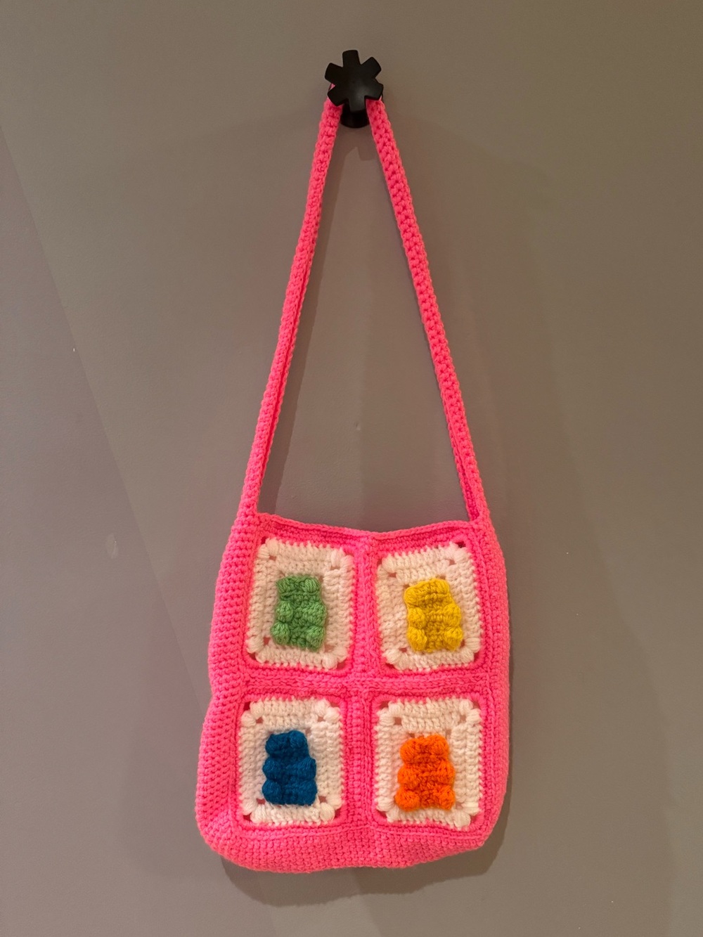Handmade Pink Crochet Shoulder Bag with Gummy Bear Granny Squares